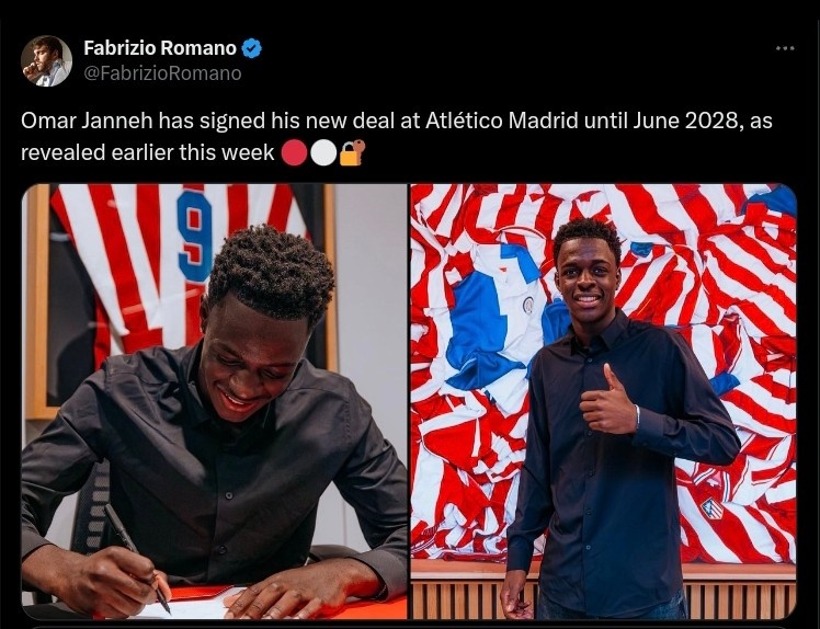 羅馬諾:馬競(jìng)與18歲前鋒奧馬爾-詹內(nèi)續(xù)約至2028年