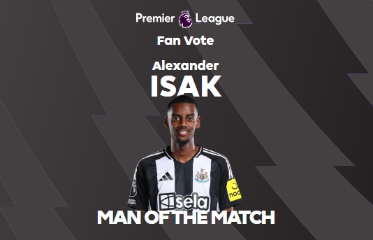 進(jìn)球+4關(guān)鍵傳球,英超官方:伊薩克當(dāng)選紐卡3-0維拉全場最佳