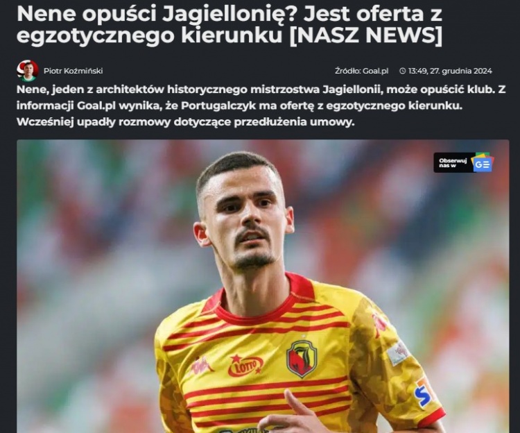 波蘭媒：中國球隊報價29歲葡萄牙中場內內，本賽季25場4球3助